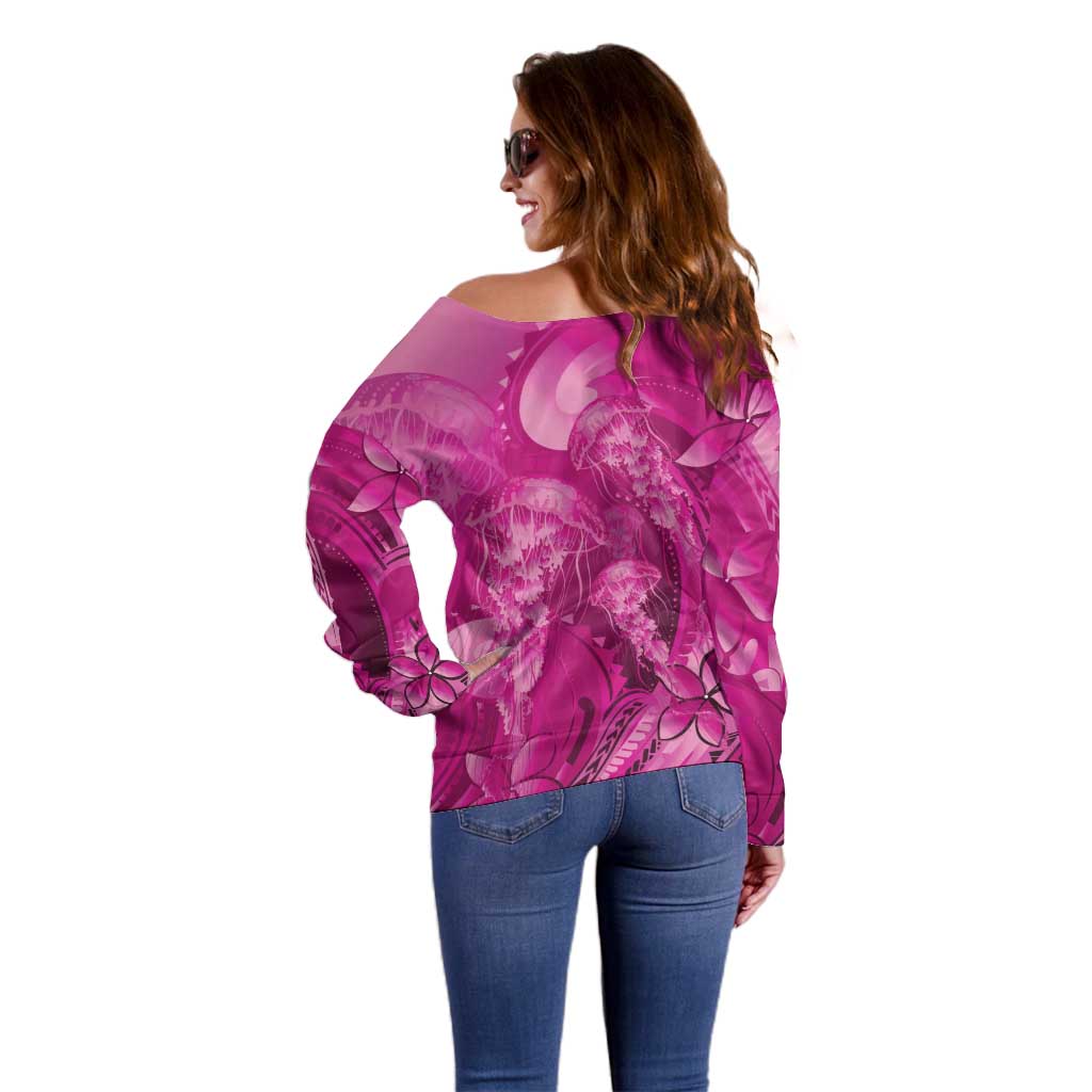 Pink Gradient Polynesia Jellyfish Off Shoulder Sweater Plumeria Polynesian Tattoo Glowing Vibes LT14 - Polynesian Pride