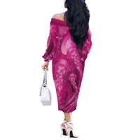 Pink Gradient Polynesia Jellyfish Off The Shoulder Long Sleeve Dress Plumeria Polynesian Tattoo Glowing Vibes LT14 - Polynesian Pride