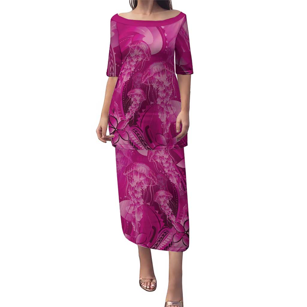 Pink Gradient Polynesia Jellyfish Puletasi Plumeria Polynesian Tattoo Glowing Vibes LT14 Long Dress Pink - Polynesian Pride