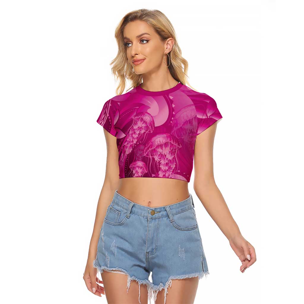 Pink Gradient Polynesia Jellyfish Raglan Cropped T Shirt Plumeria Polynesian Tattoo Glowing Vibes