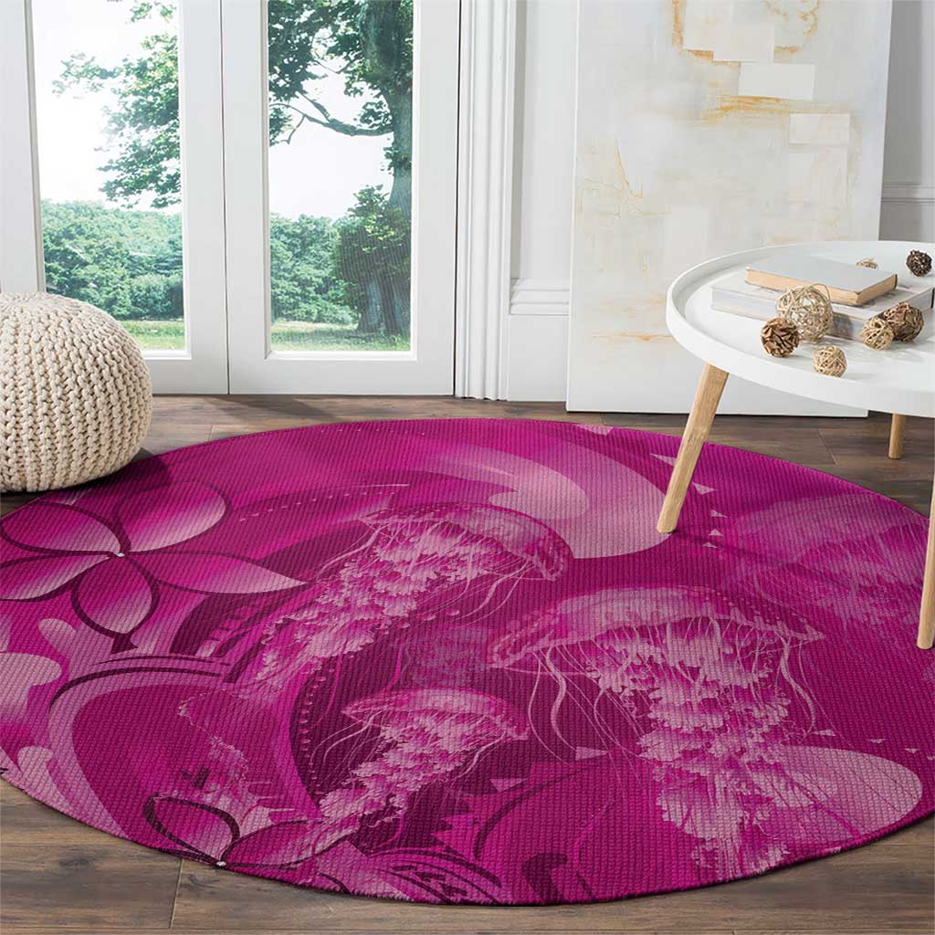 Pink Gradient Polynesia Jellyfish Round Carpet Plumeria Polynesian Tattoo Glowing Vibes LT14 - Polynesian Pride