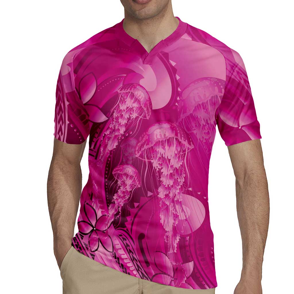 Pink Gradient Polynesia Jellyfish Rugby Jersey Plumeria Polynesian Tattoo Glowing Vibes LT14 - Polynesian Pride