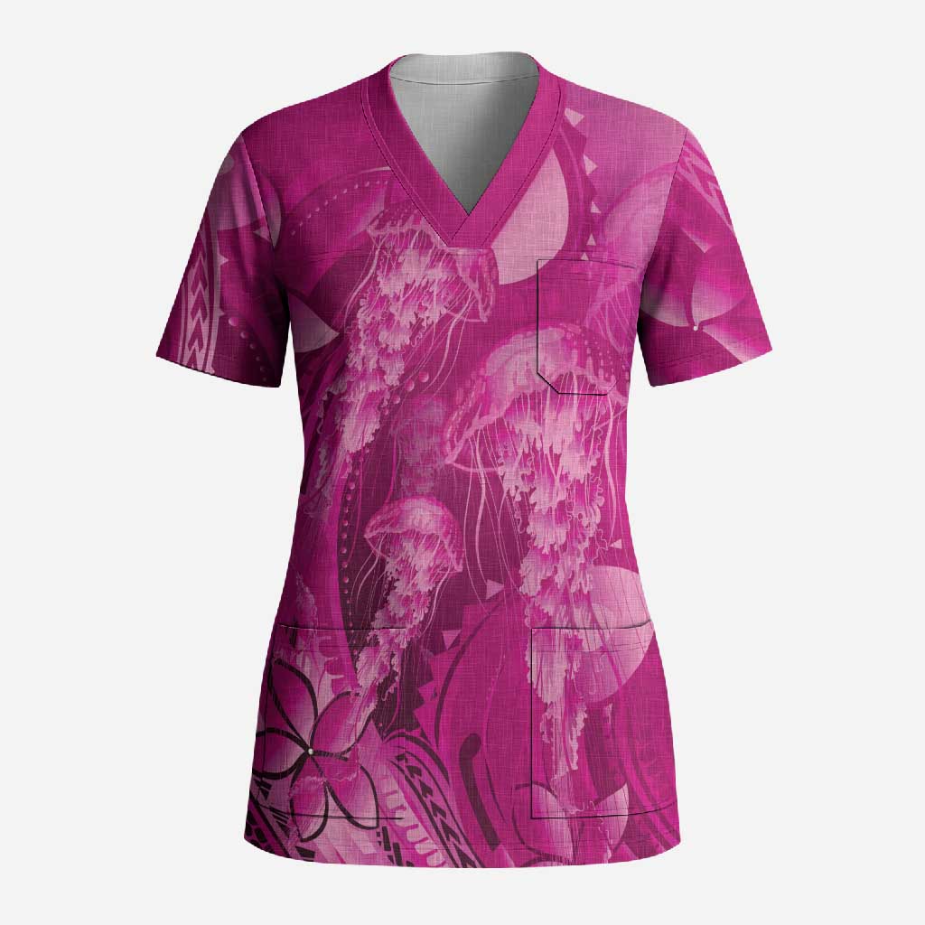 Pink Gradient Polynesia Jellyfish Scrub Top Plumeria Polynesian Tattoo Glowing Vibes LT14 Adult Pink - Polynesian Pride