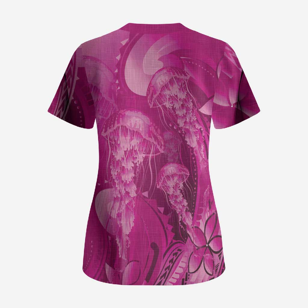 Pink Gradient Polynesia Jellyfish Scrub Top Plumeria Polynesian Tattoo Glowing Vibes LT14 - Polynesian Pride