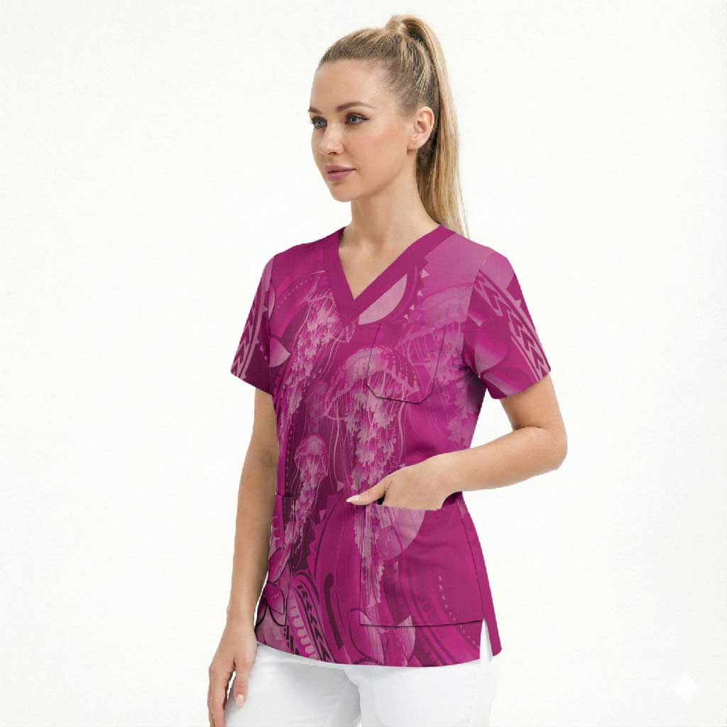 Pink Gradient Polynesia Jellyfish Scrub Top Plumeria Polynesian Tattoo Glowing Vibes LT14 - Polynesian Pride