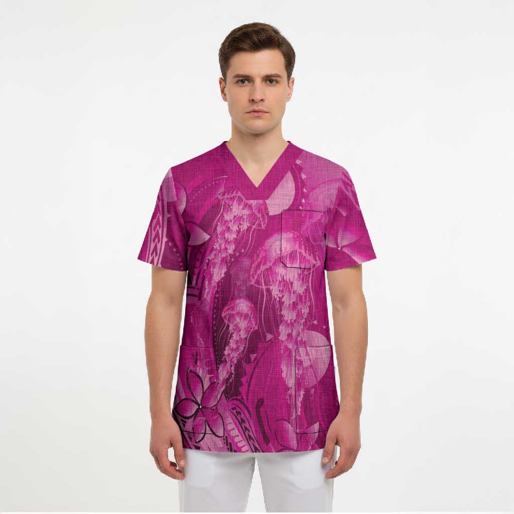 Pink Gradient Polynesia Jellyfish Scrub Top Plumeria Polynesian Tattoo Glowing Vibes LT14 - Polynesian Pride