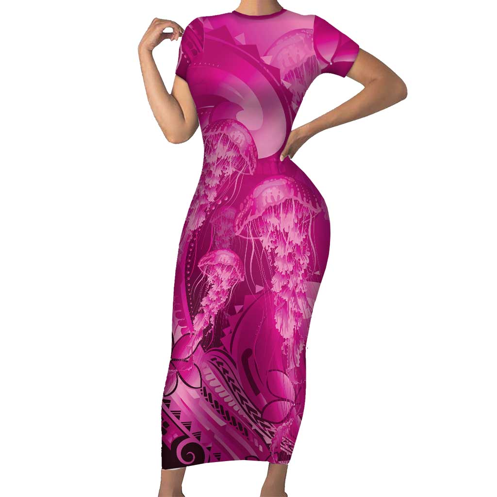Pink Gradient Polynesia Jellyfish Short Sleeve Bodycon Dress Plumeria Polynesian Tattoo Glowing Vibes LT14 Long Dress Pink - Polynesian Pride