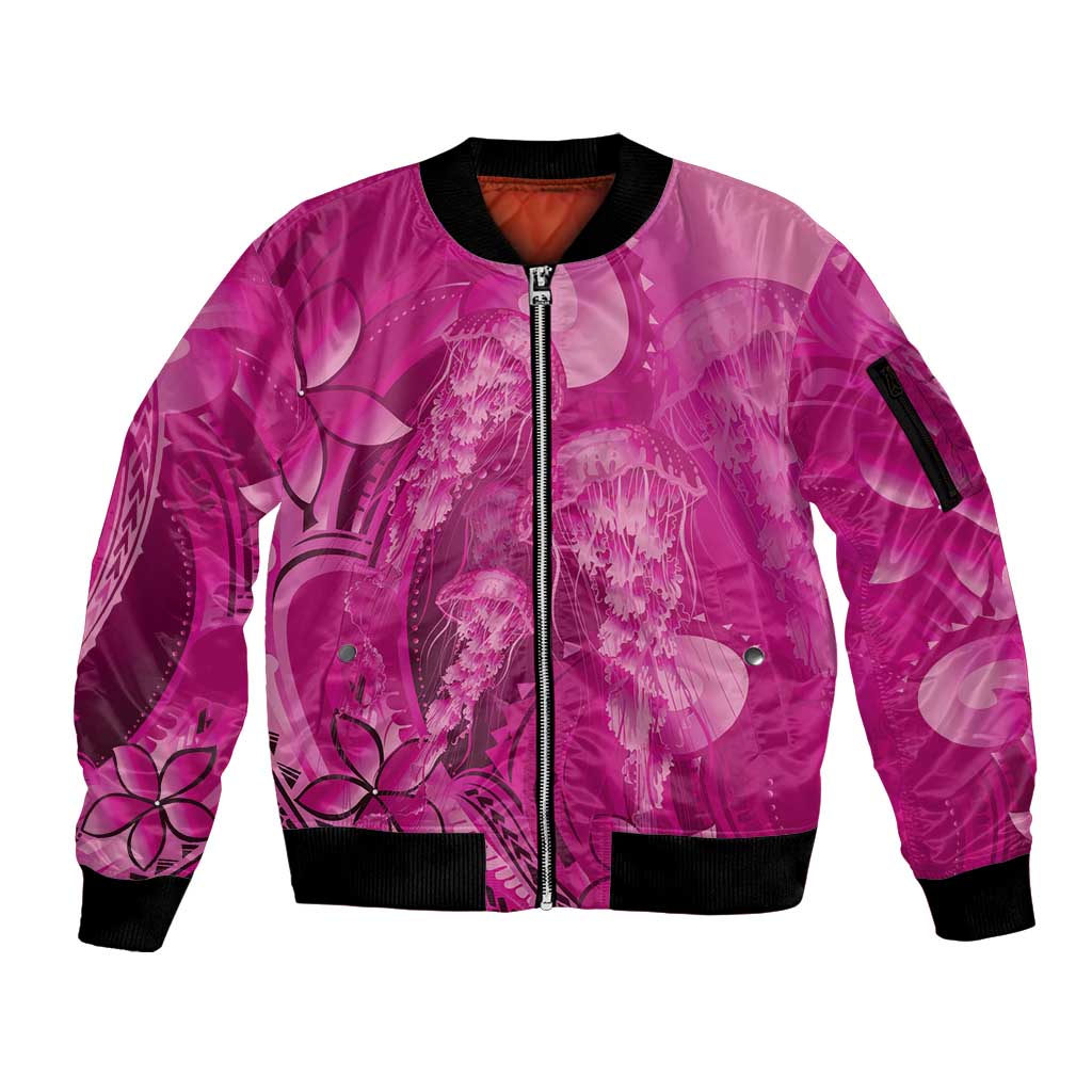 Pink Gradient Polynesia Jellyfish Sleeve Zip Bomber Jacket Plumeria Polynesian Tattoo Glowing Vibes LT14 Unisex Pink - Polynesian Pride