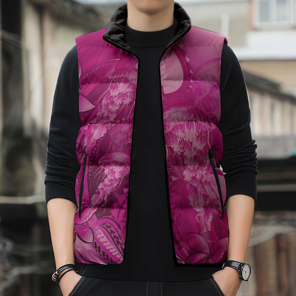 Pink Gradient Polynesia Jellyfish Sleeveless Puffer Jacket Plumeria Polynesian Tattoo Glowing Vibes LT14 - Polynesian Pride