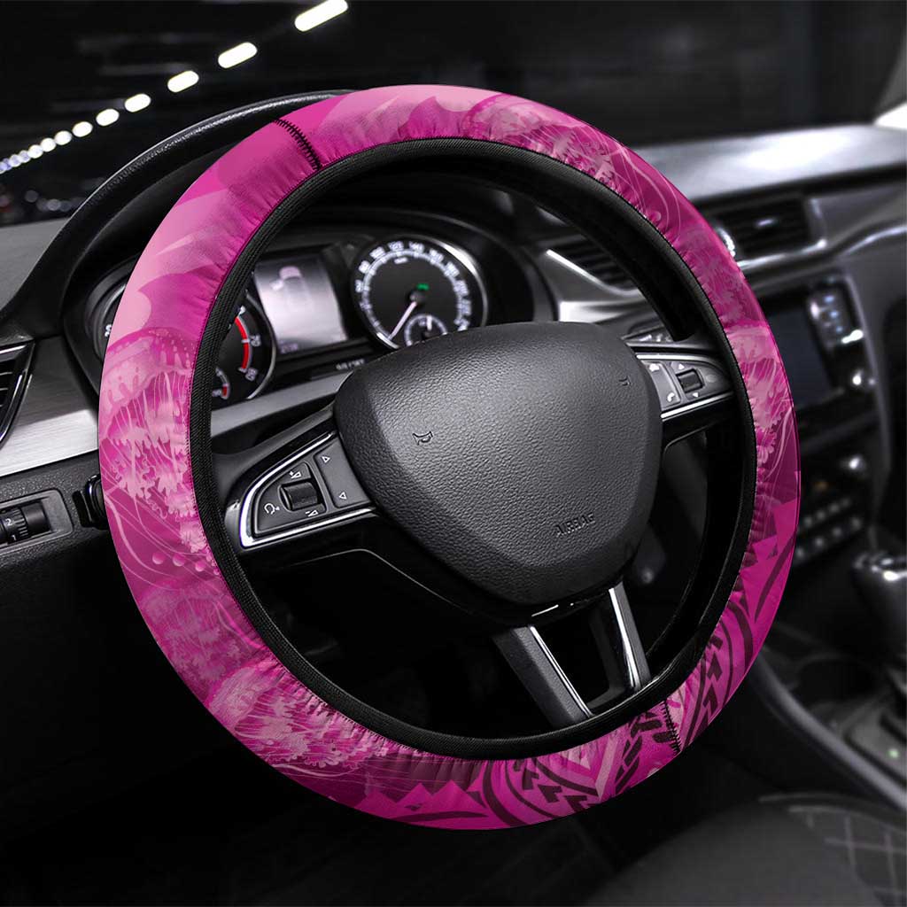 Pink Gradient Polynesia Jellyfish Steering Wheel Cover Plumeria Polynesian Tattoo Glowing Vibes LT14 Universal Fit Pink - Polynesian Pride