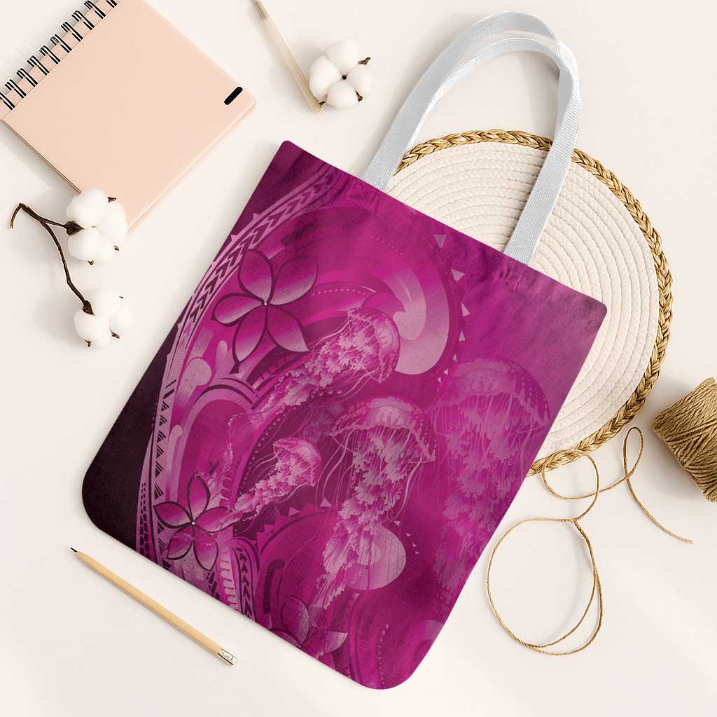 Pink Gradient Polynesia Jellyfish Tote Bag Plumeria Polynesian Tattoo Glowing Vibes LT14 White Strap One Size Pink - Polynesian Pride
