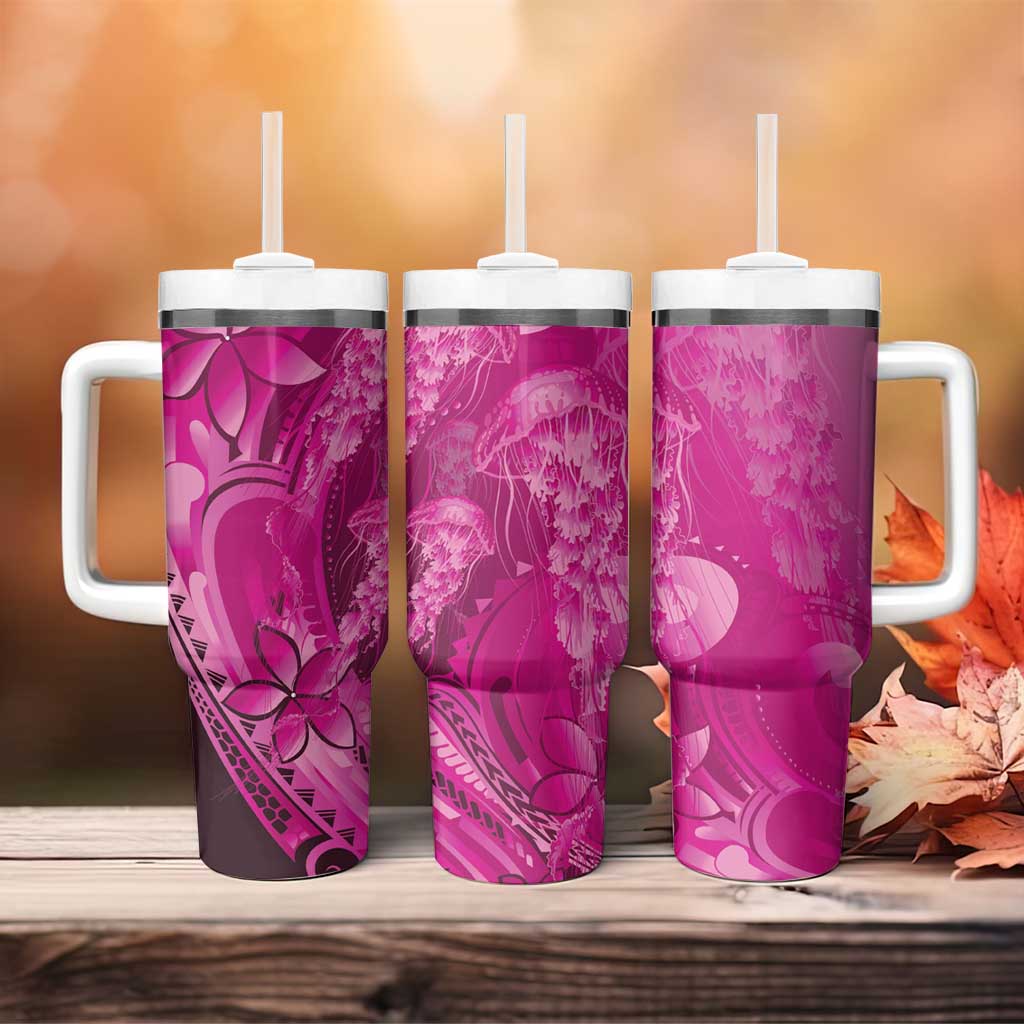 Pink Gradient Polynesia Jellyfish Tumbler With Handle Plumeria Polynesian Tattoo Glowing Vibes LT14 - Polynesian Pride