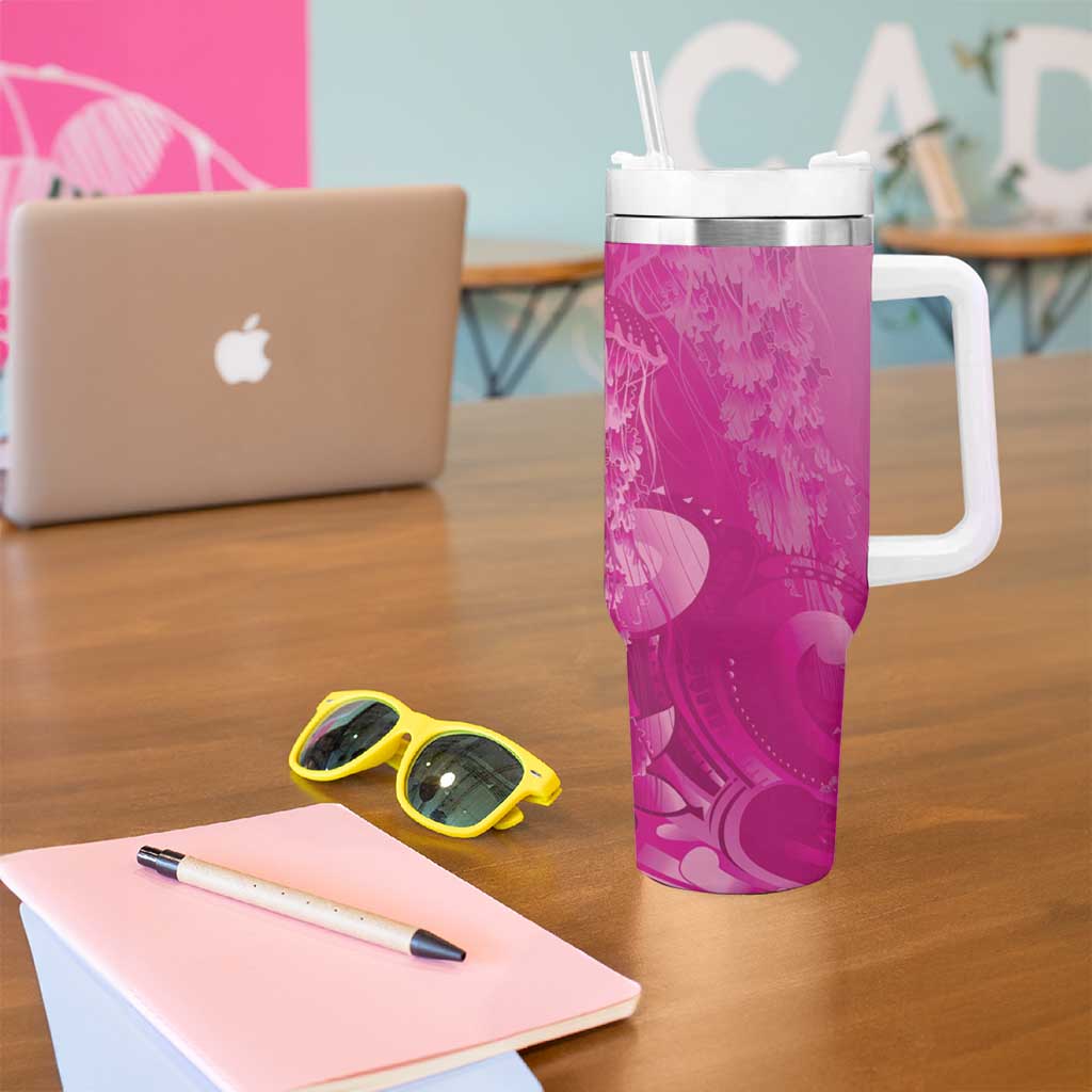 Pink Gradient Polynesia Jellyfish Tumbler With Handle Plumeria Polynesian Tattoo Glowing Vibes LT14 - Polynesian Pride