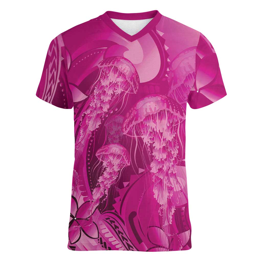 Pink Gradient Polynesia Jellyfish Women V-Neck T-Shirt Plumeria Polynesian Tattoo Glowing Vibes LT14 Female Pink - Polynesian Pride