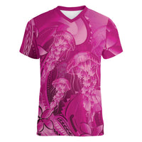 Pink Gradient Polynesia Jellyfish Women V-Neck T-Shirt Plumeria Polynesian Tattoo Glowing Vibes LT14 Female Pink - Polynesian Pride