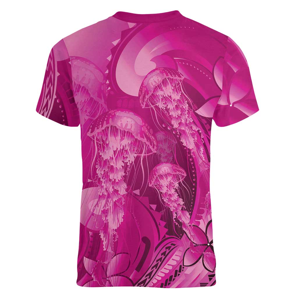 Pink Gradient Polynesia Jellyfish Women V-Neck T-Shirt Plumeria Polynesian Tattoo Glowing Vibes LT14 - Polynesian Pride