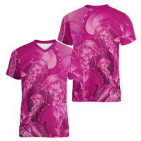 Pink Gradient Polynesia Jellyfish Women V-Neck T-Shirt Plumeria Polynesian Tattoo Glowing Vibes LT14 - Polynesian Pride