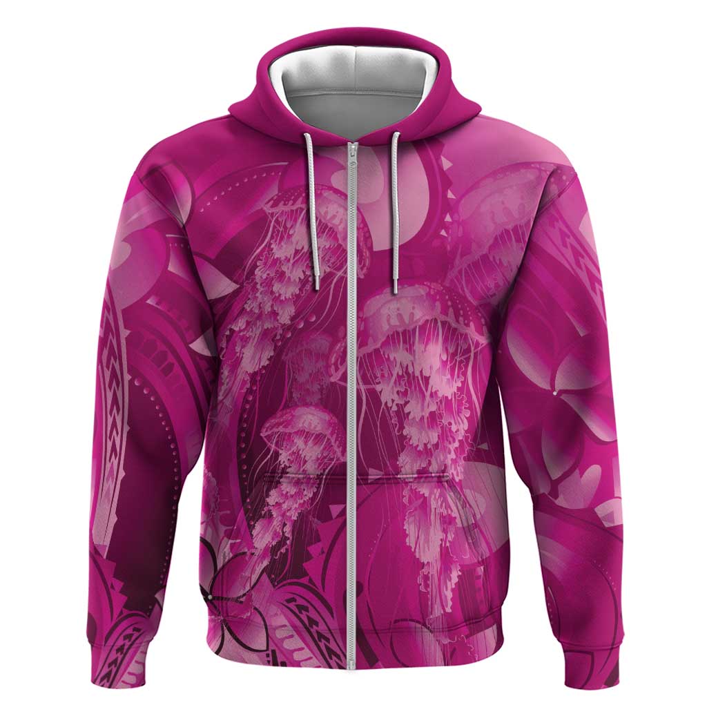 Pink Gradient Polynesia Jellyfish Zip Hoodie Plumeria Polynesian Tattoo Glowing Vibes LT14 Zip Hoodie Pink - Polynesian Pride