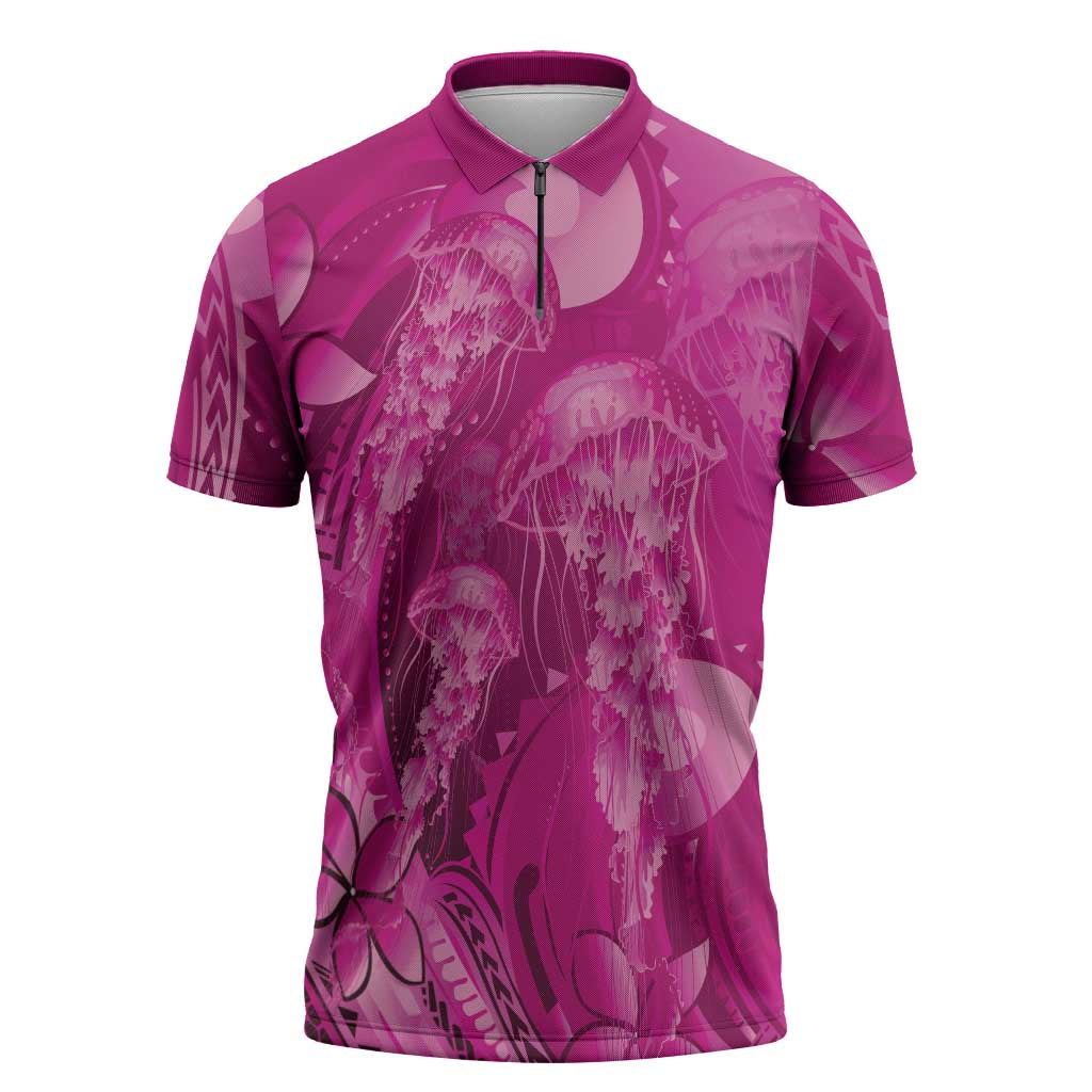 Pink Gradient Polynesia Jellyfish Zipper Polo Shirt Plumeria Polynesian Tattoo Glowing Vibes LT14 Pink - Polynesian Pride