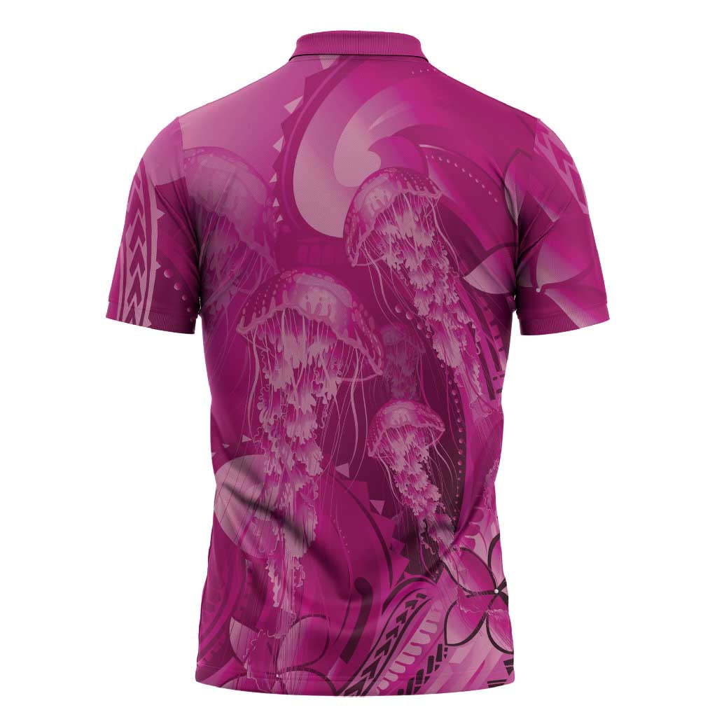 Pink Gradient Polynesia Jellyfish Zipper Polo Shirt Plumeria Polynesian Tattoo Glowing Vibes LT14 - Polynesian Pride