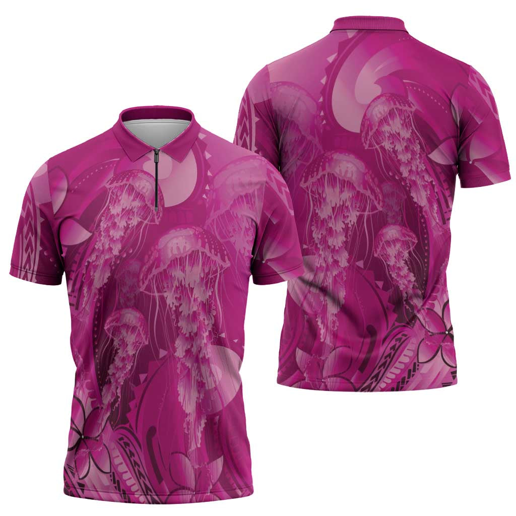 Pink Gradient Polynesia Jellyfish Zipper Polo Shirt Plumeria Polynesian Tattoo Glowing Vibes LT14 - Polynesian Pride