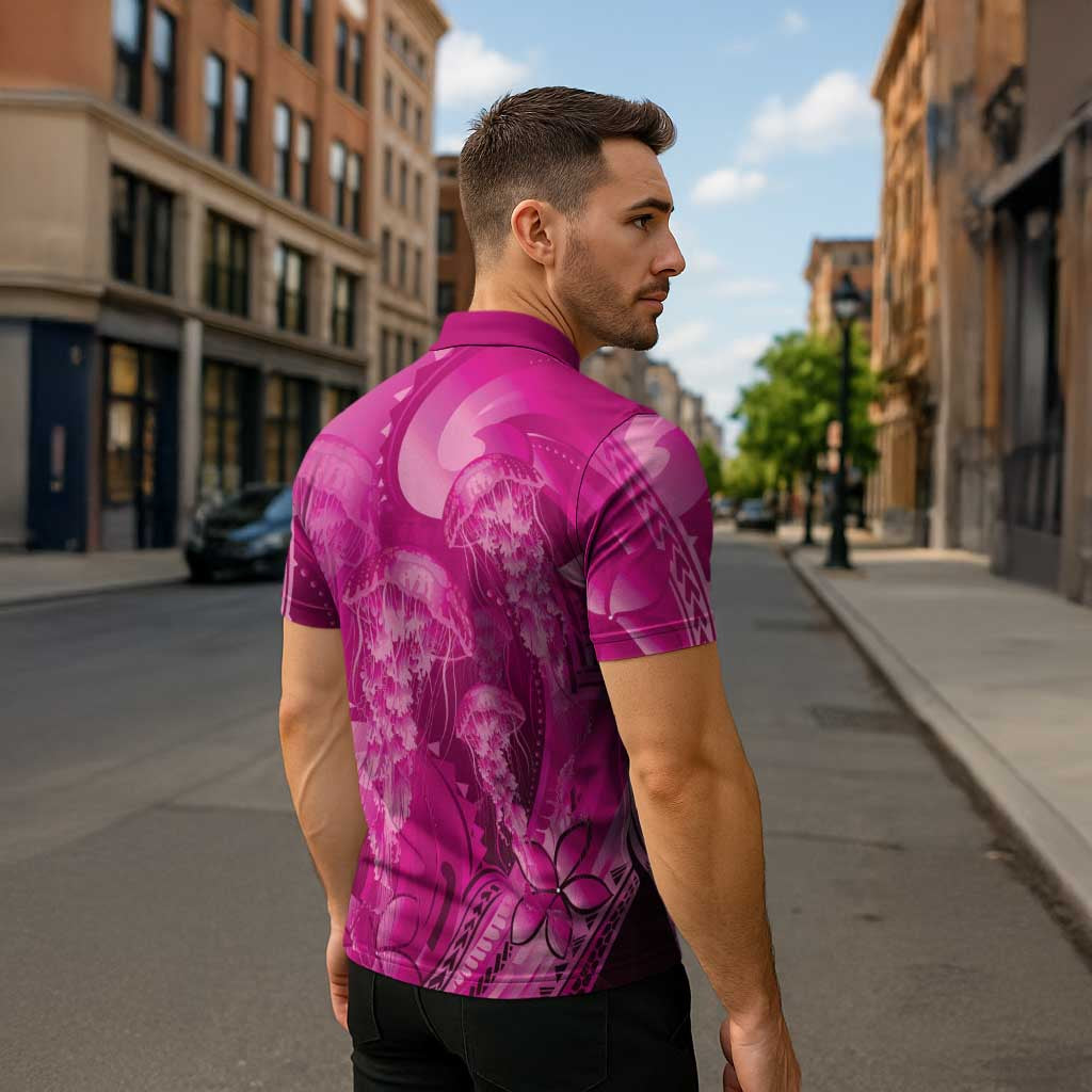 Pink Gradient Polynesia Jellyfish Zipper Polo Shirt Plumeria Polynesian Tattoo Glowing Vibes LT14 - Polynesian Pride
