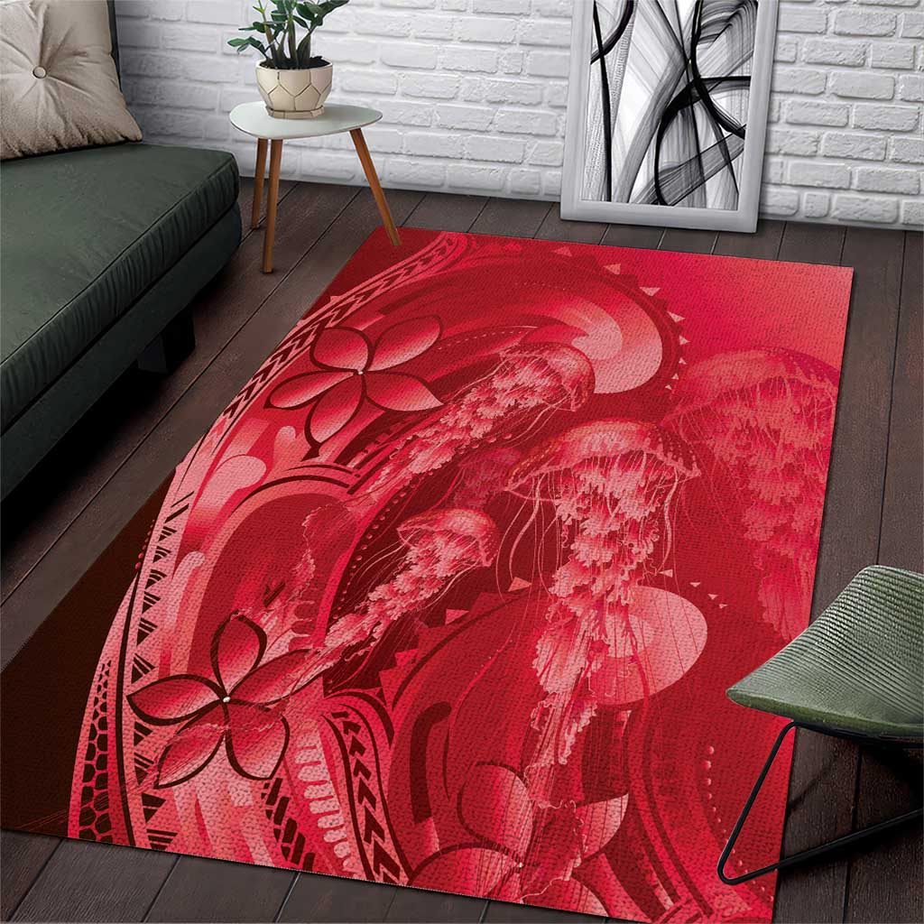 Red Gradient Polynesia Jellyfish Area Rug Plumeria Polynesian Tattoo Glowing Vibes