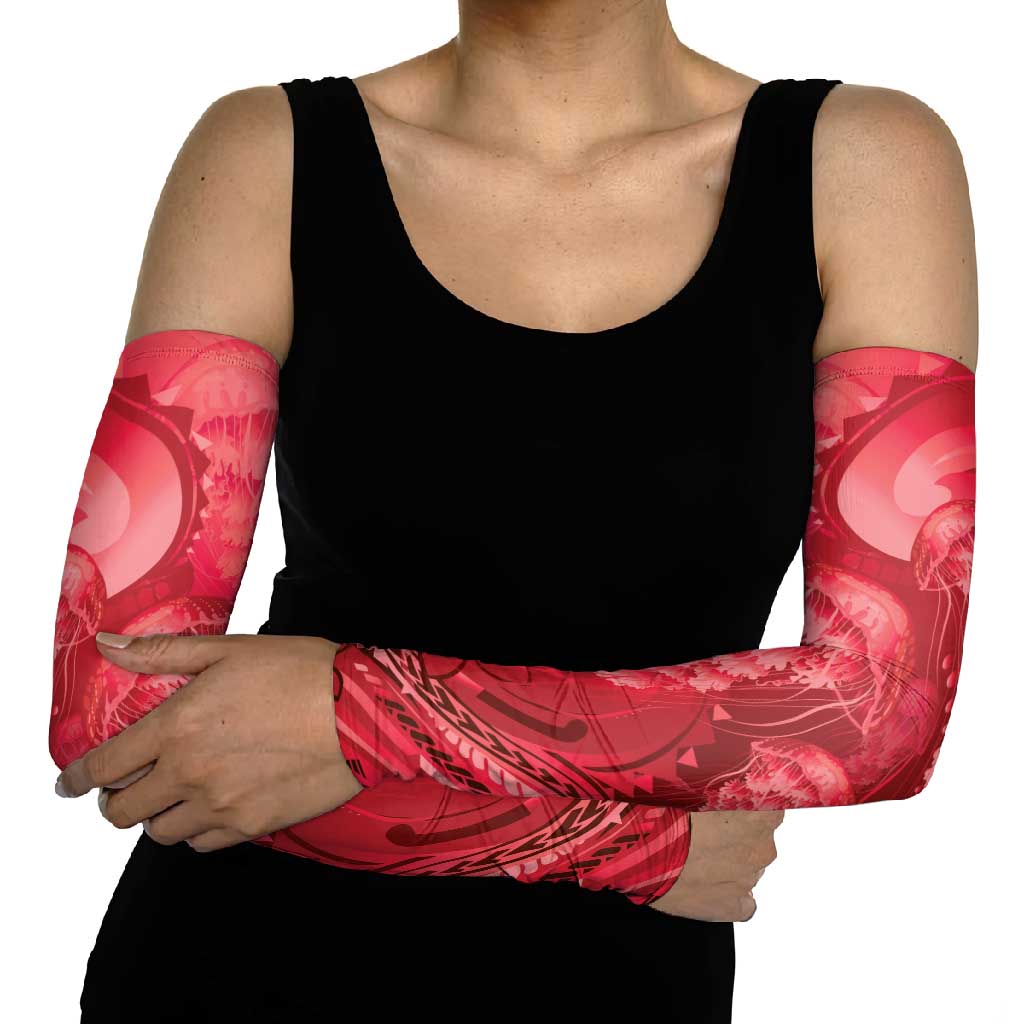 Red Gradient Polynesia Jellyfish Arm Sleeves Plumeria Polynesian Tattoo Glowing Vibes