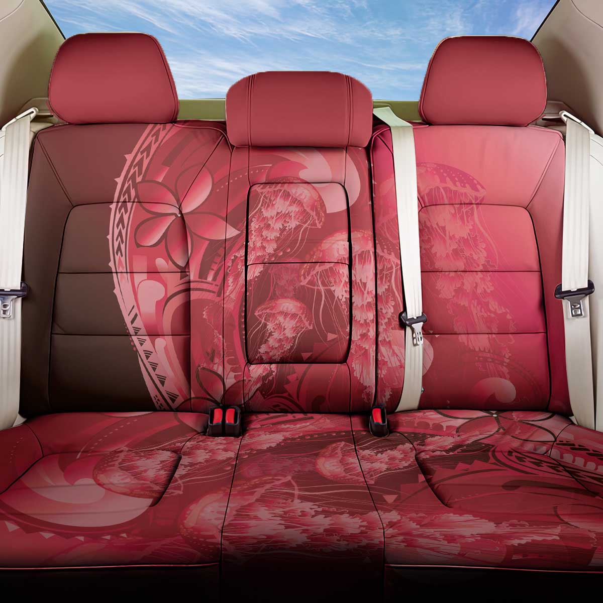 Red Gradient Polynesia Jellyfish Back Car Seat Cover Plumeria Polynesian Tattoo Glowing Vibes