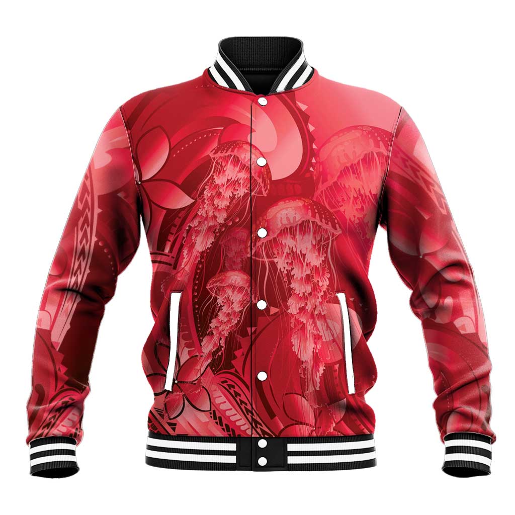 Red Gradient Polynesia Jellyfish Baseball Jacket Plumeria Polynesian Tattoo Glowing Vibes LT14 Unisex Red - Polynesian Pride