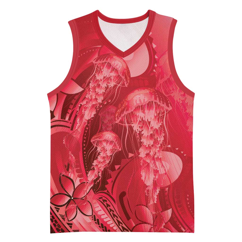 Red Gradient Polynesia Jellyfish Basketball Jersey Plumeria Polynesian Tattoo Glowing Vibes LT14 Unisex Red - Polynesian Pride