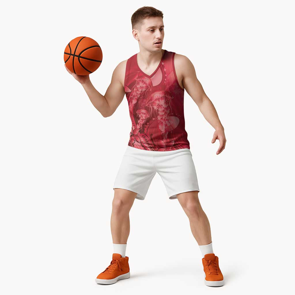 Red Gradient Polynesia Jellyfish Basketball Jersey Plumeria Polynesian Tattoo Glowing Vibes LT14 - Polynesian Pride