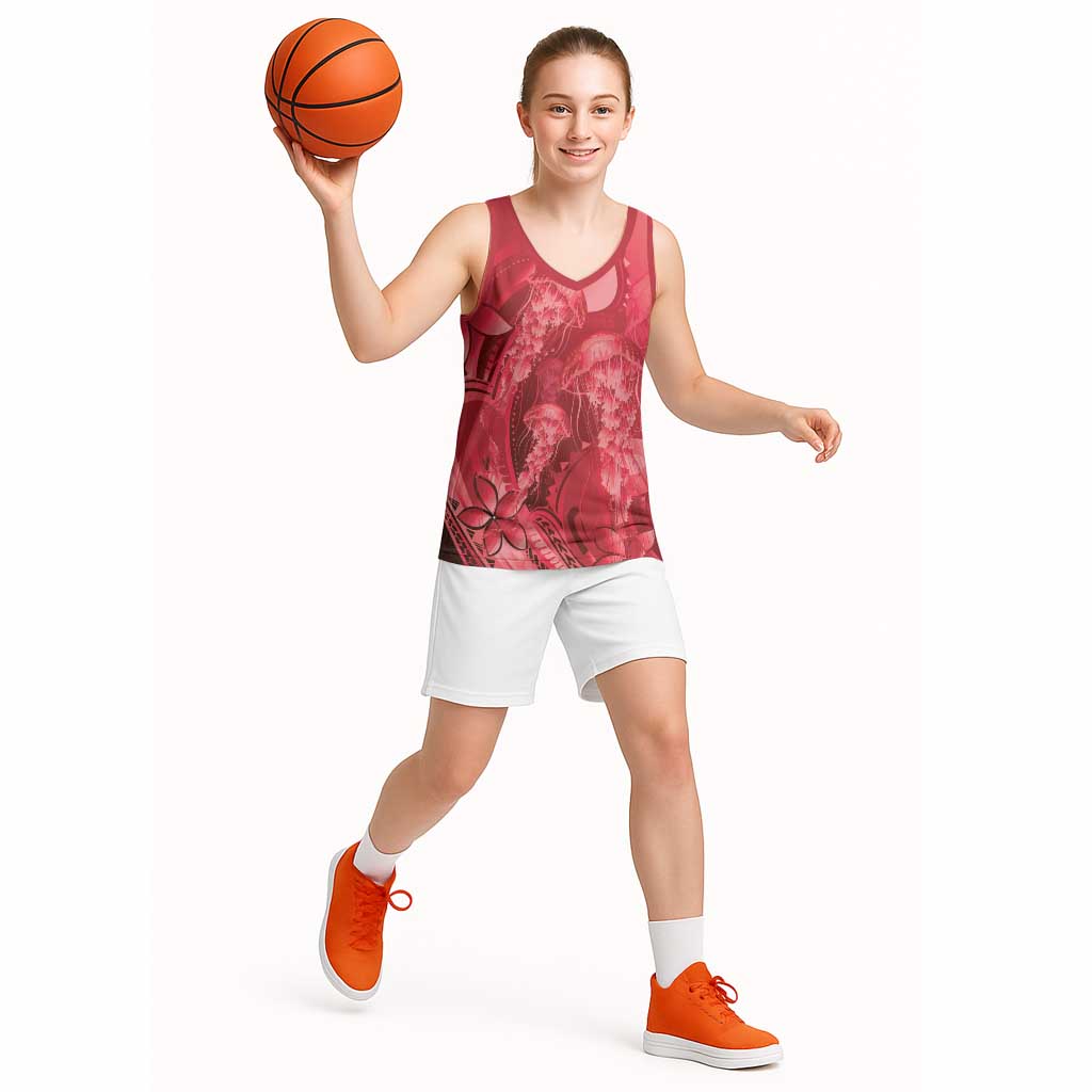 Red Gradient Polynesia Jellyfish Basketball Jersey Plumeria Polynesian Tattoo Glowing Vibes LT14 - Polynesian Pride