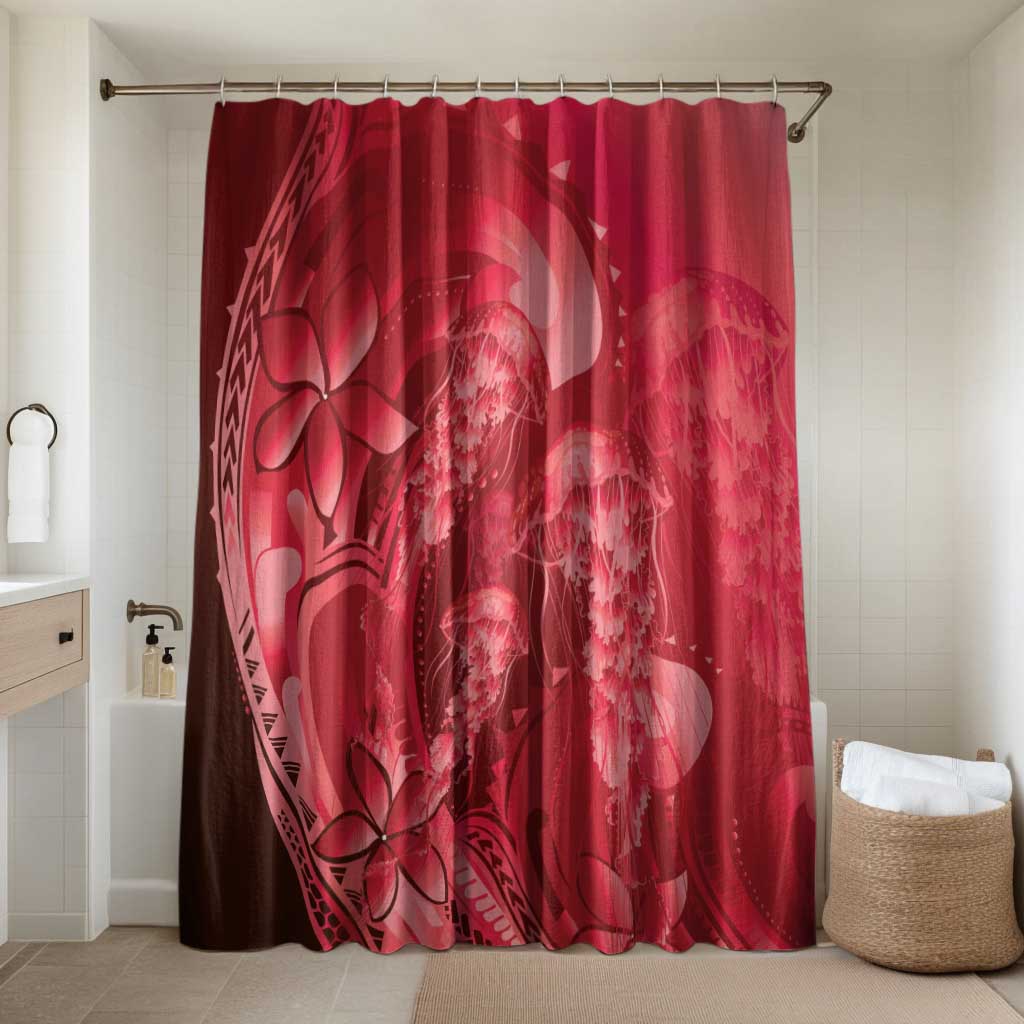 Red Gradient Polynesia Jellyfish Bathroom Set Plumeria Polynesian Tattoo Glowing Vibes LT14 Shower Curtain Only Red - Polynesian Pride
