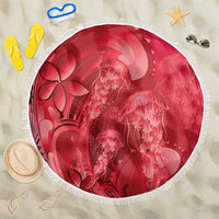 Red Gradient Polynesia Jellyfish Beach Blanket Plumeria Polynesian Tattoo Glowing Vibes