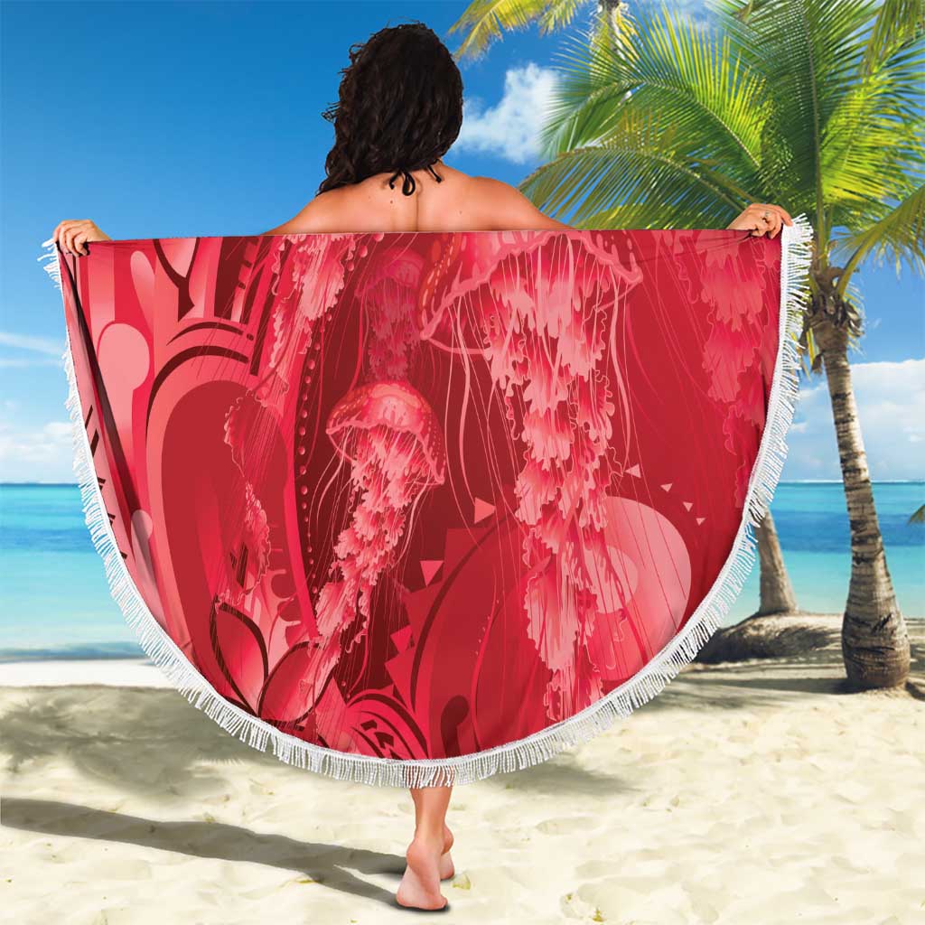 Red Gradient Polynesia Jellyfish Beach Blanket Plumeria Polynesian Tattoo Glowing Vibes