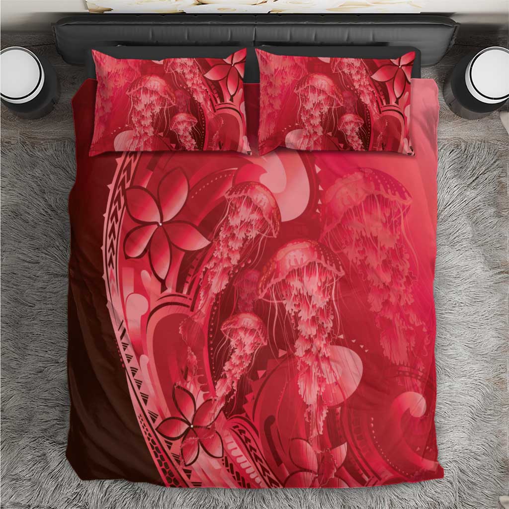 Red Gradient Polynesia Jellyfish Bedding Set Plumeria Polynesian Tattoo Glowing Vibes LT14 Red - Polynesian Pride