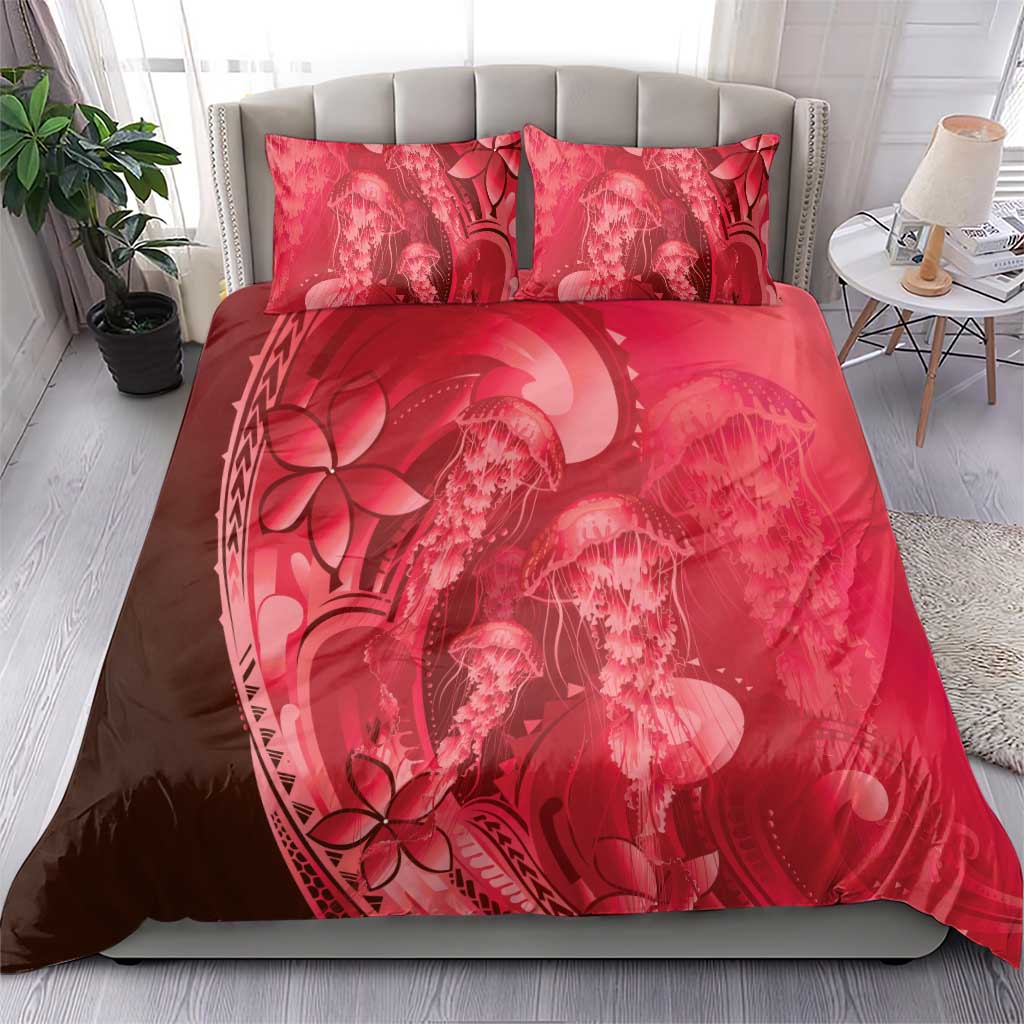 Red Gradient Polynesia Jellyfish Bedding Set Plumeria Polynesian Tattoo Glowing Vibes LT14 - Polynesian Pride
