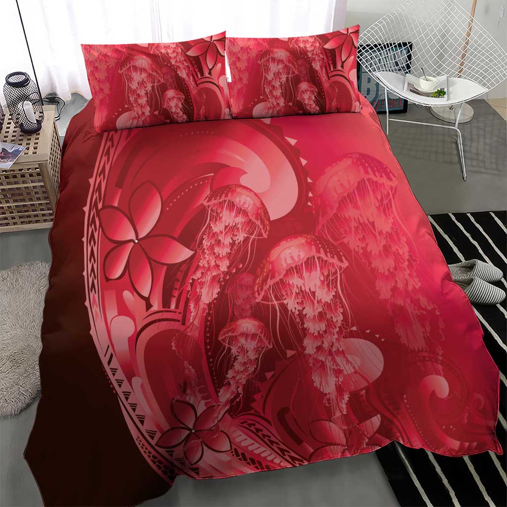 Red Gradient Polynesia Jellyfish Bedding Set Plumeria Polynesian Tattoo Glowing Vibes LT14 - Polynesian Pride