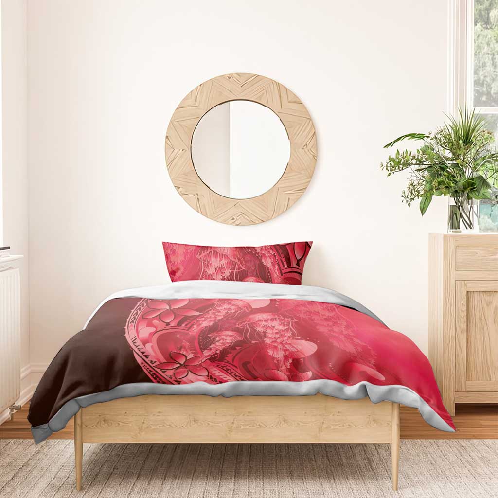 Red Gradient Polynesia Jellyfish Bedding Set Plumeria Polynesian Tattoo Glowing Vibes LT14 - Polynesian Pride