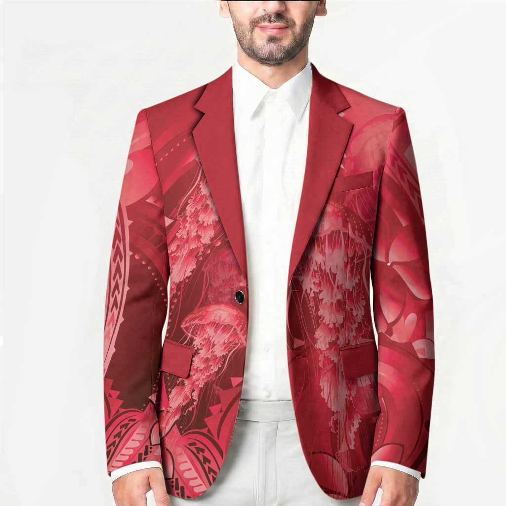 Red Gradient Polynesia Jellyfish Blazer Plumeria Polynesian Tattoo Glowing Vibes LT14 - Polynesian Pride