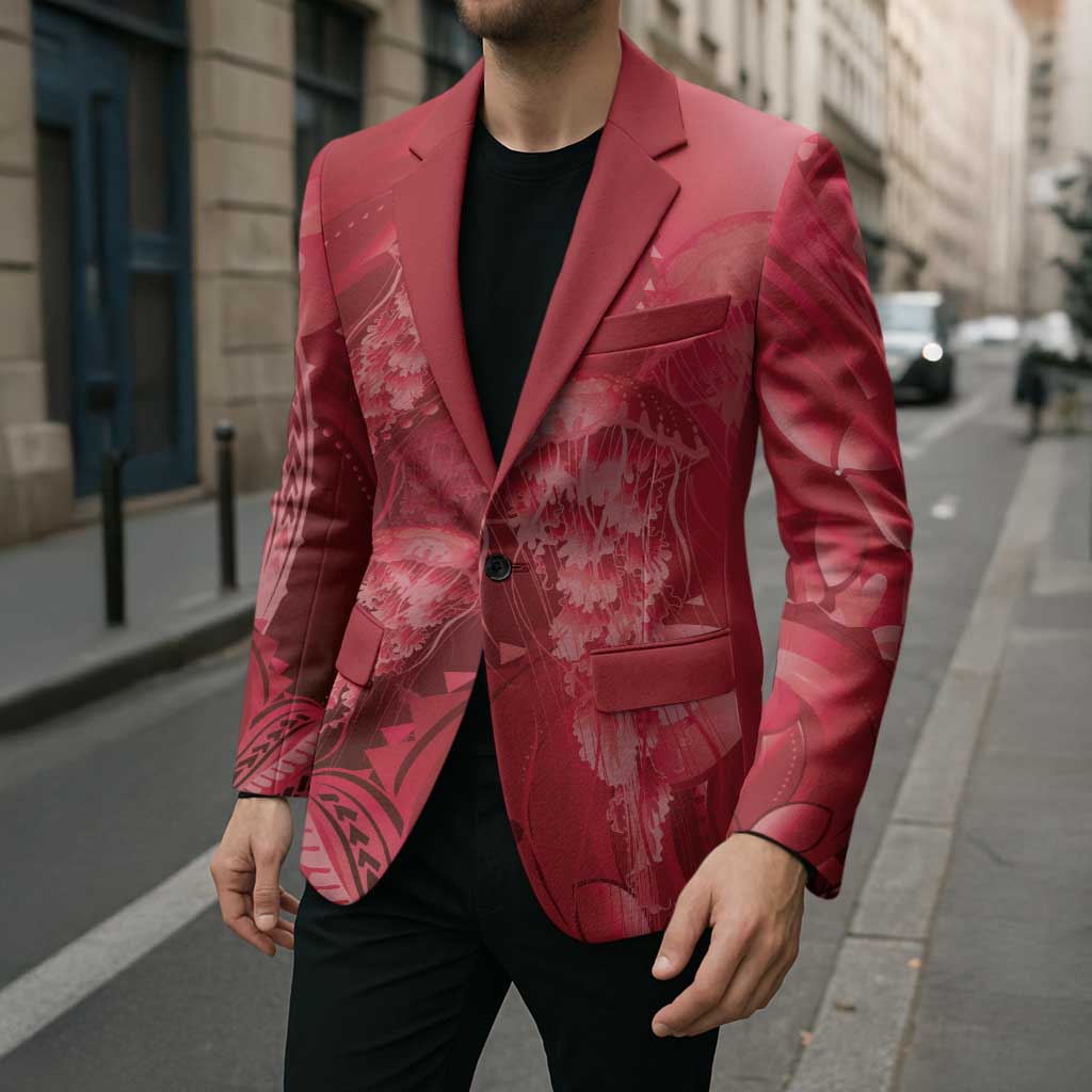 Red Gradient Polynesia Jellyfish Blazer Plumeria Polynesian Tattoo Glowing Vibes LT14 - Polynesian Pride
