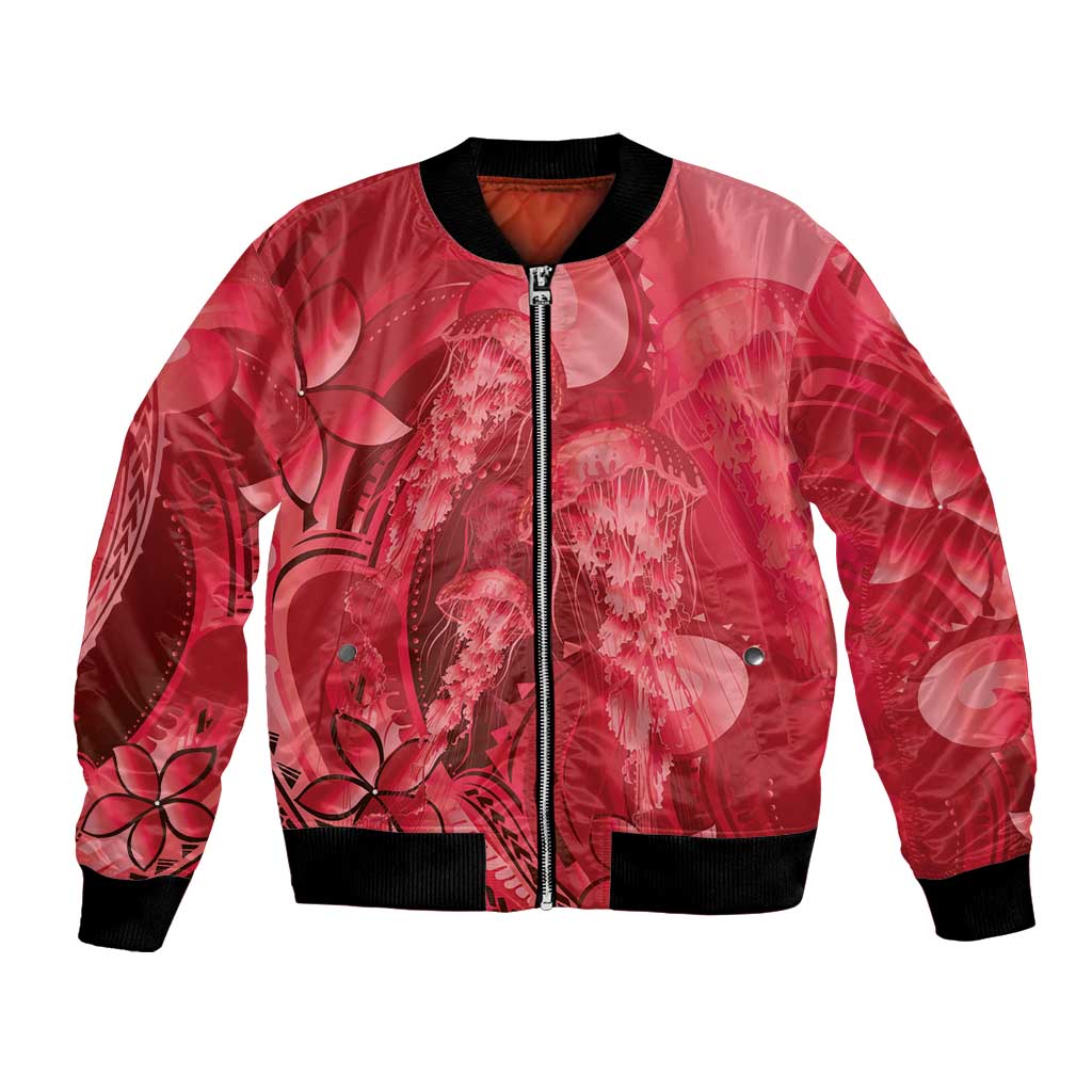 Red Gradient Polynesia Jellyfish Bomber Jacket Plumeria Polynesian Tattoo Glowing Vibes LT14 Unisex Red - Polynesian Pride