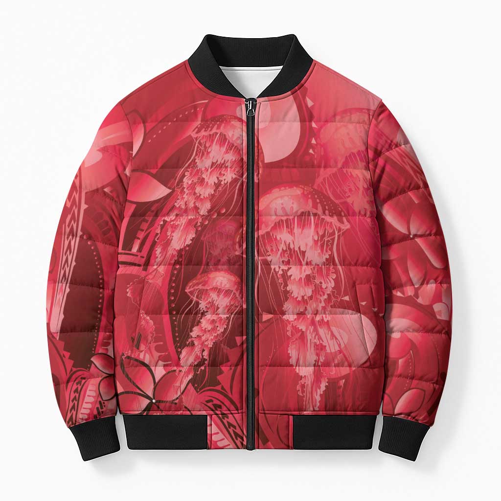 Red Gradient Polynesia Jellyfish Bomber Puffer Jacket Plumeria Polynesian Tattoo Glowing Vibes LT14 Unisex Red - Polynesian Pride