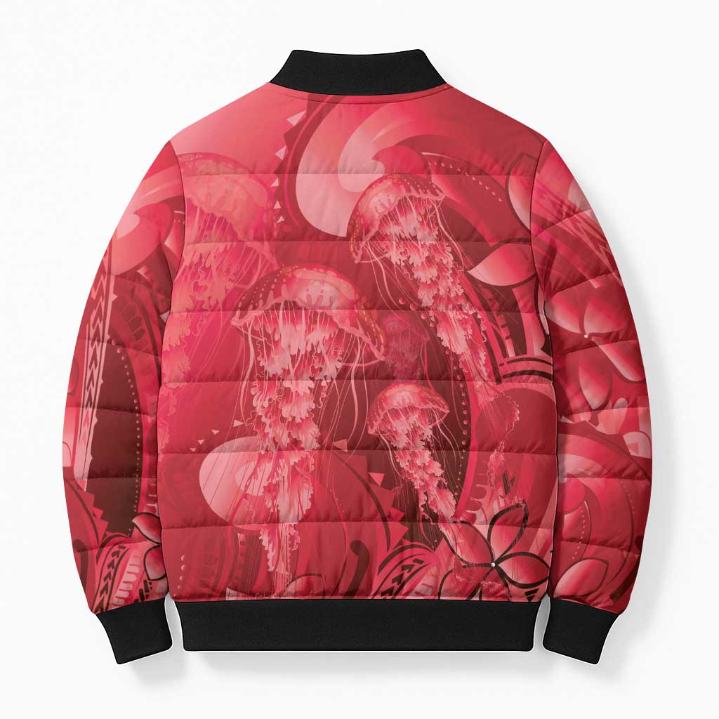 Red Gradient Polynesia Jellyfish Bomber Puffer Jacket Plumeria Polynesian Tattoo Glowing Vibes LT14 - Polynesian Pride