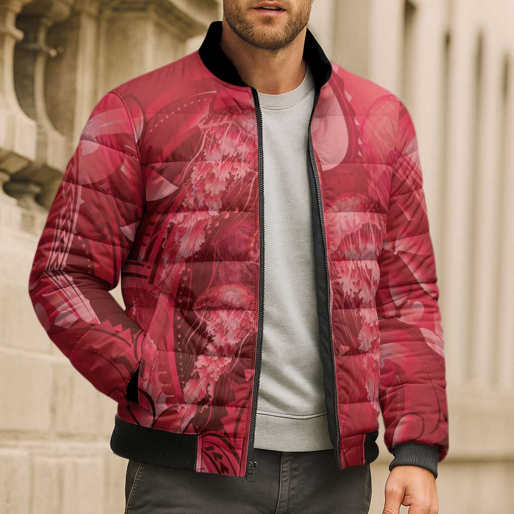 Red Gradient Polynesia Jellyfish Bomber Puffer Jacket Plumeria Polynesian Tattoo Glowing Vibes LT14 - Polynesian Pride