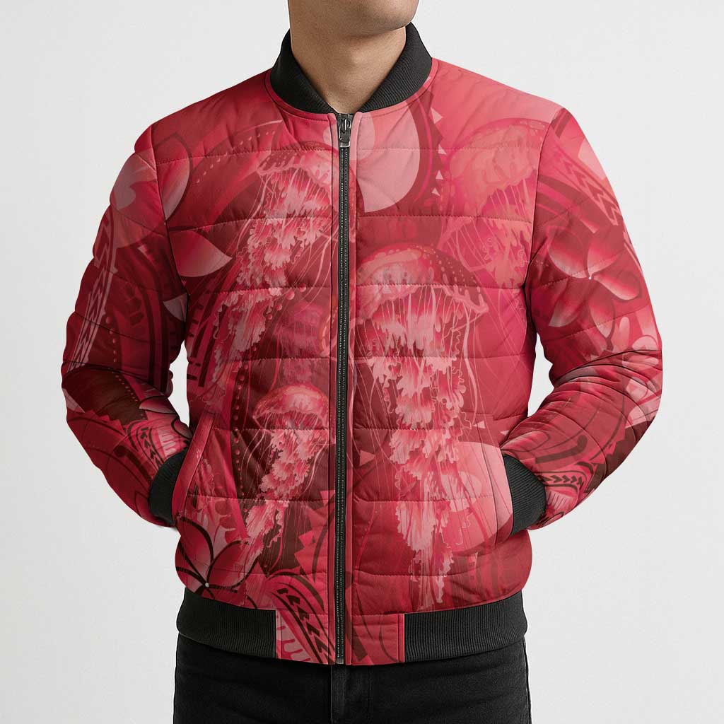 Red Gradient Polynesia Jellyfish Bomber Puffer Jacket Plumeria Polynesian Tattoo Glowing Vibes LT14 - Polynesian Pride