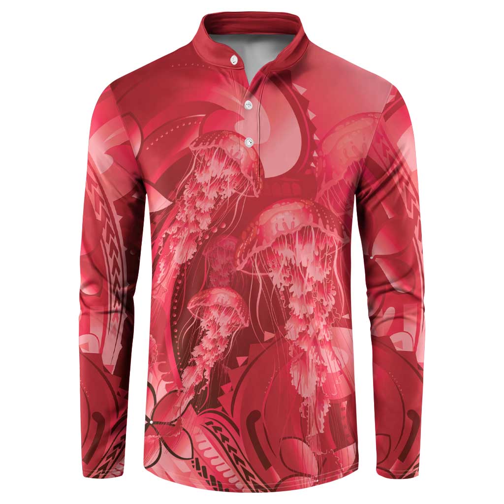 Red Gradient Polynesia Jellyfish Button Sweatshirt Plumeria Polynesian Tattoo Glowing Vibes