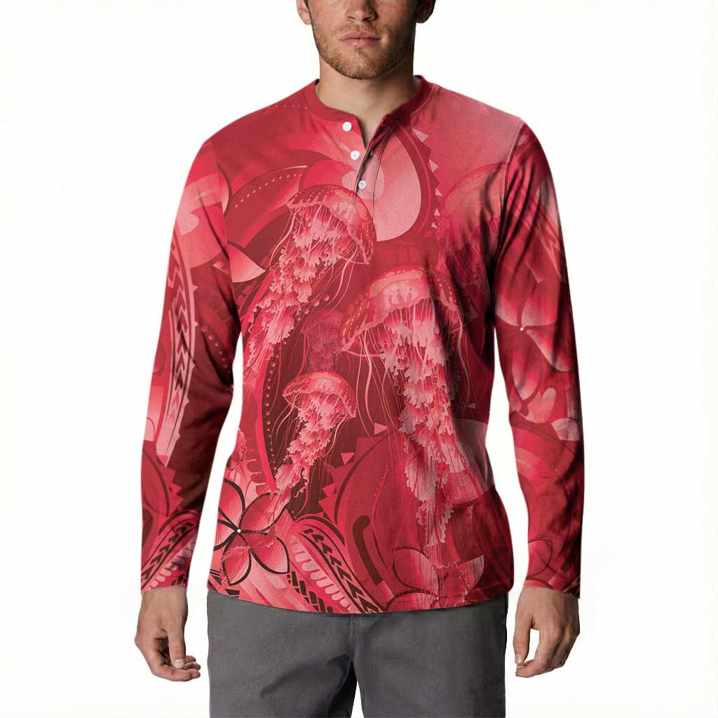 Red Gradient Polynesia Jellyfish Button Sweatshirt Plumeria Polynesian Tattoo Glowing Vibes
