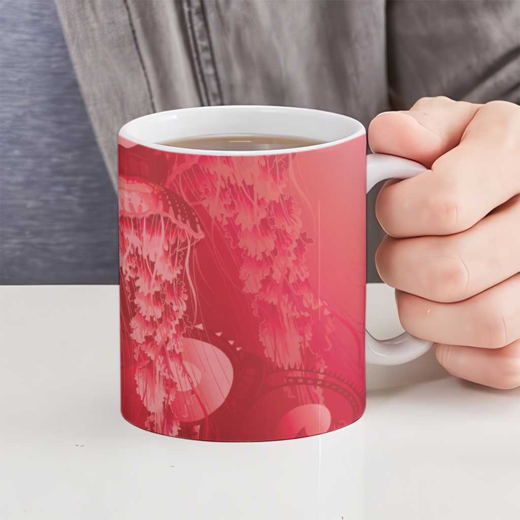 Red Gradient Polynesia Jellyfish Ceramic Mug Plumeria Polynesian Tattoo Glowing Vibes LT14 - Polynesian Pride